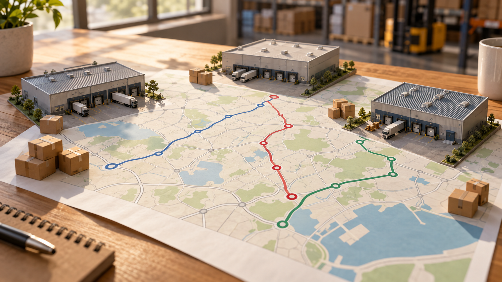 Model warehouses and parcels on a route planning map