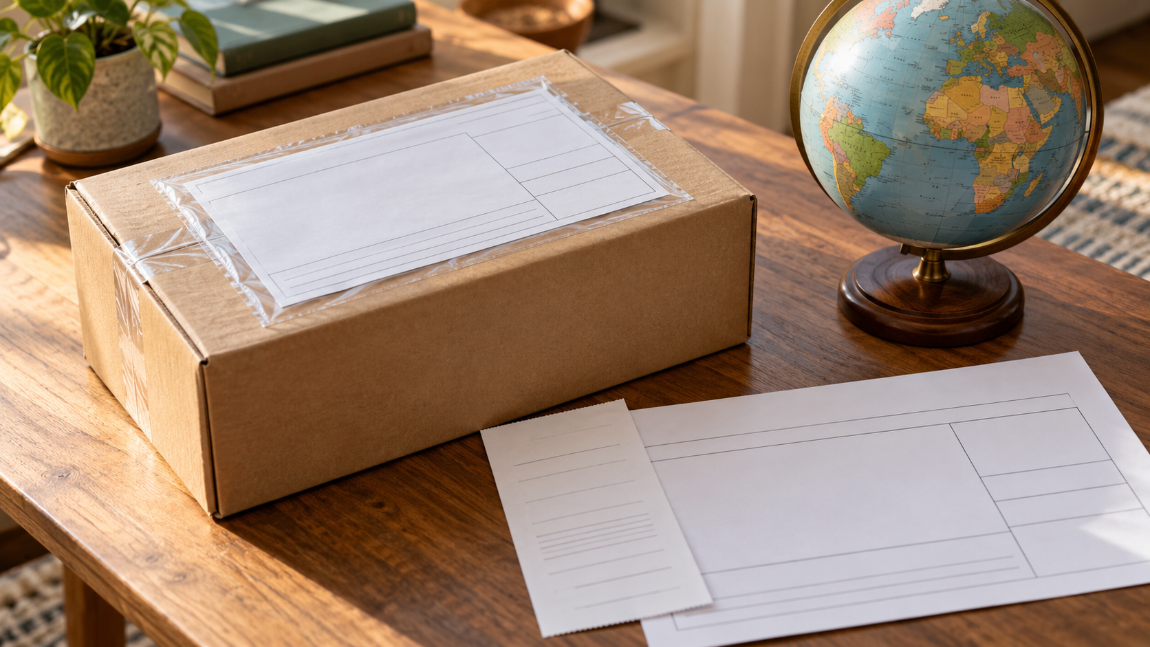 An international parcel beside a globe and shipping paperwork