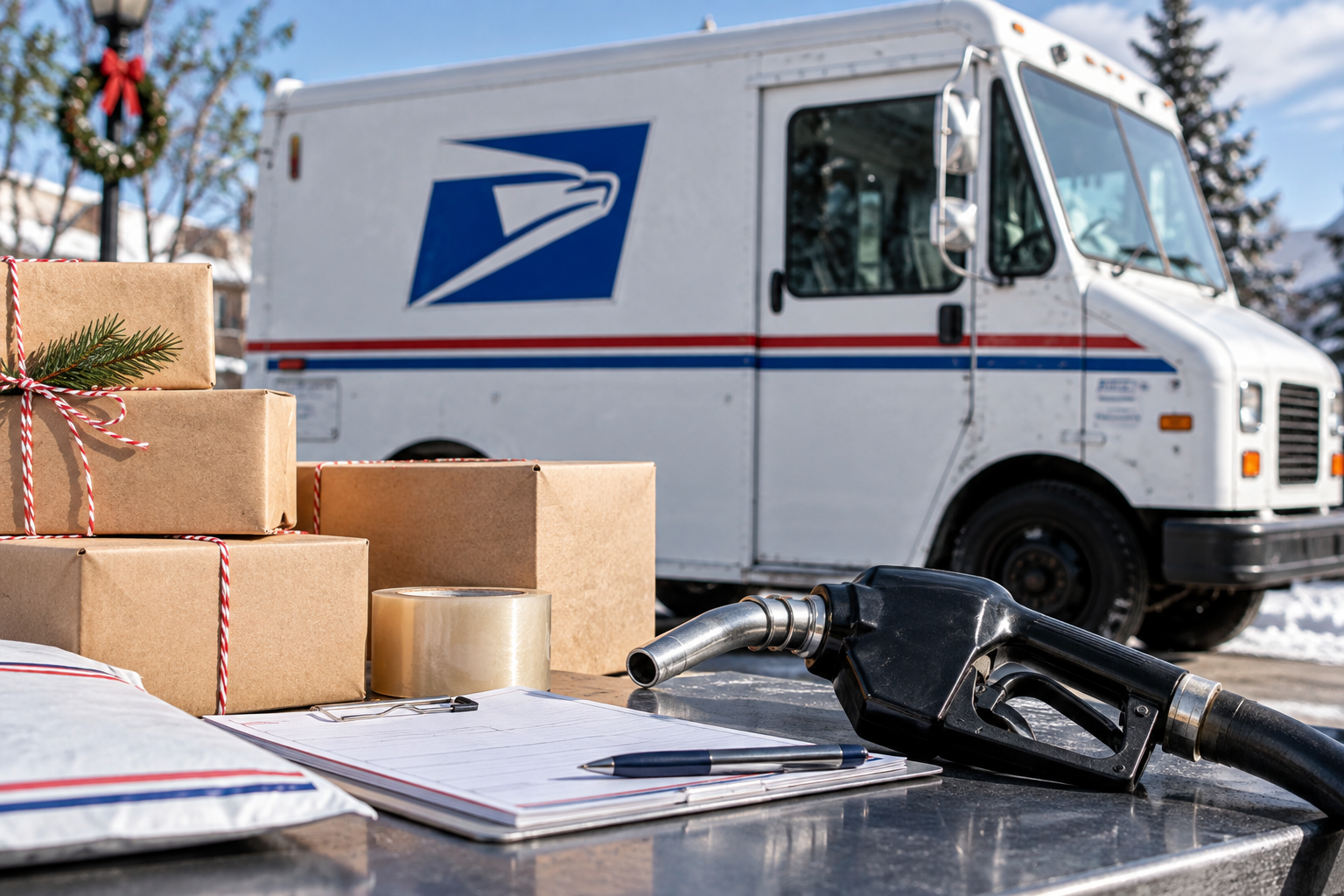 AI-generated editorial composite of a USPS vehicle, holiday parcels, and fuel nozzle