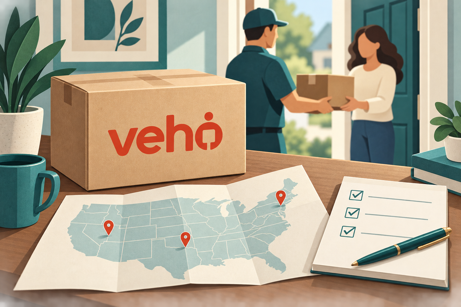 Editorial illustration of Veho shipping, parcels and carrier cost planning